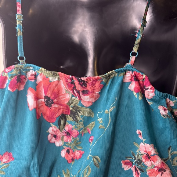 TRIXXI Womens Pink/Teal Floral  Spaghetti‎ Strap Surplice Neck Romper LARGE - Picture 9 of 14